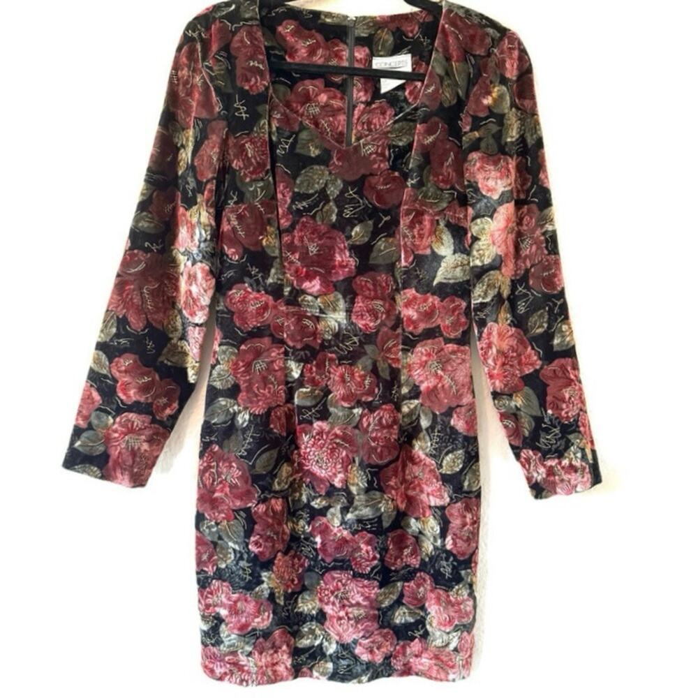 Vintage Concepts Y2K Purple Floral Velour V Neck Wiggle Dress Size 3/4